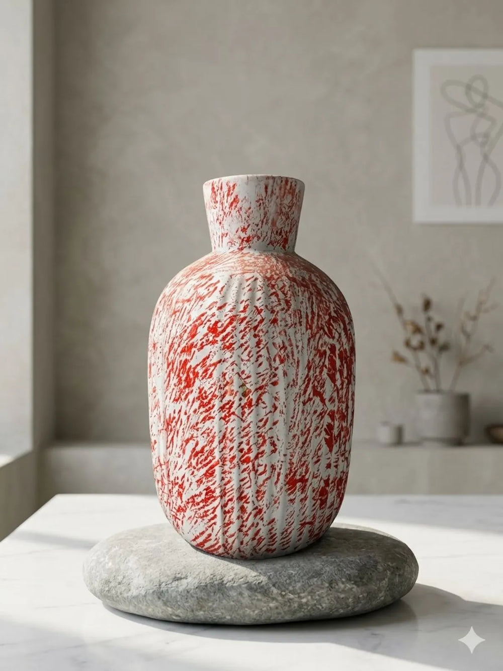 Ceramic Artistic Red And White Marbled Decorative Vase