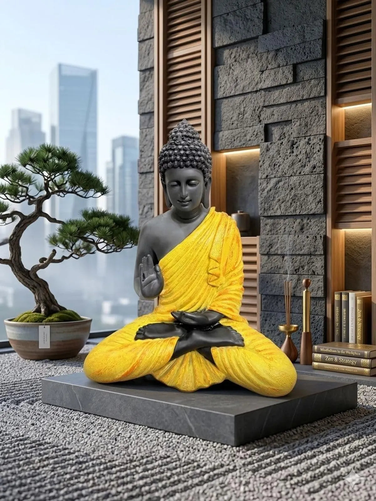Resin Spiritual Meditating Buddha Lotus Pose Yellow And Black Decorative Figurine