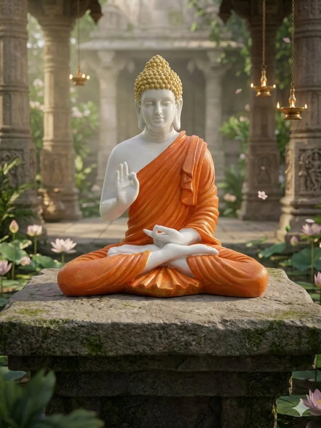 Resin Spiritual Meditating Buddha Lotus Pose Orange And White Decorative Figurine