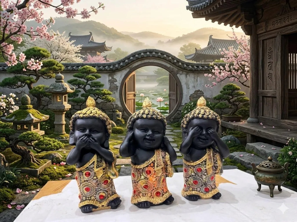 Resin Spiritual Three Buddhas See Hear Speak No Evil Black And Gold Figurine Set Of 3