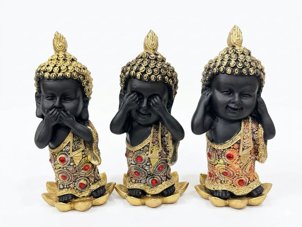 Resin Spiritual Three Buddhas See Hear Speak No Evil Black And Gold Figurine Set Of 3
