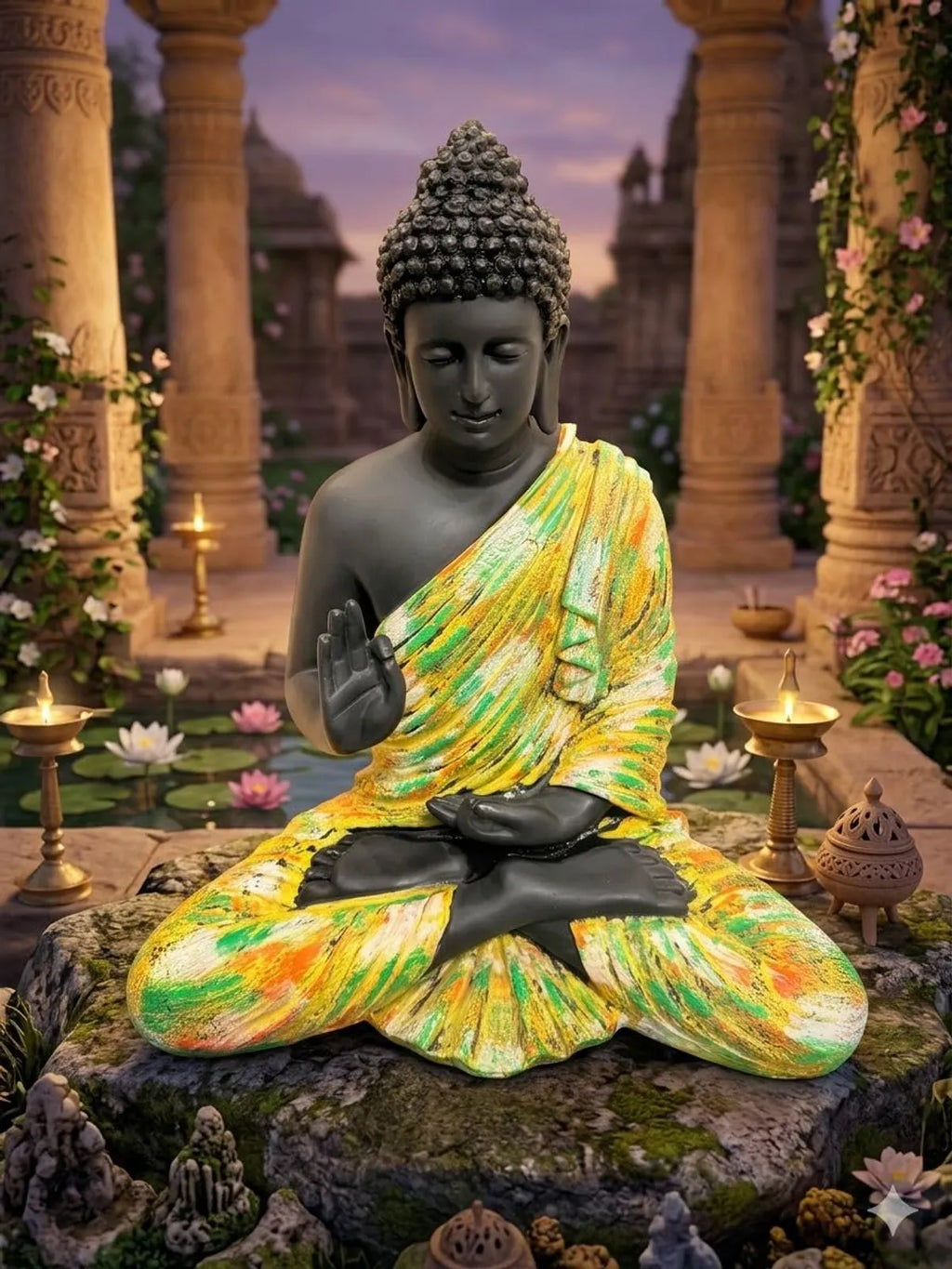 Resin Spiritual Meditating Buddha Lotus Pose Multicolour Robe Decorative Figurine