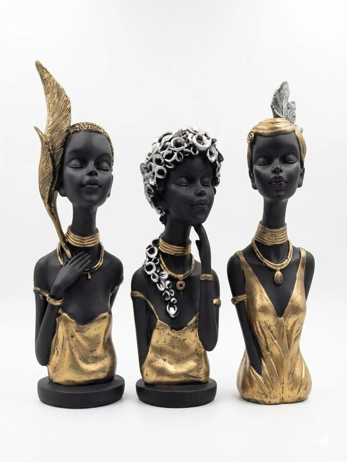 Resin African Inspired Female Bust Black Gold Ornate Headdress Figurine Set Of 3