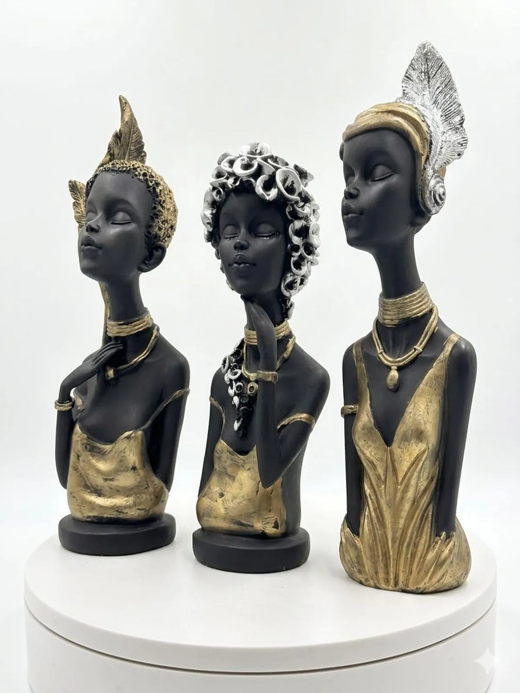 Resin African Inspired Female Bust Black Gold Ornate Headdress Figurine Set Of 3
