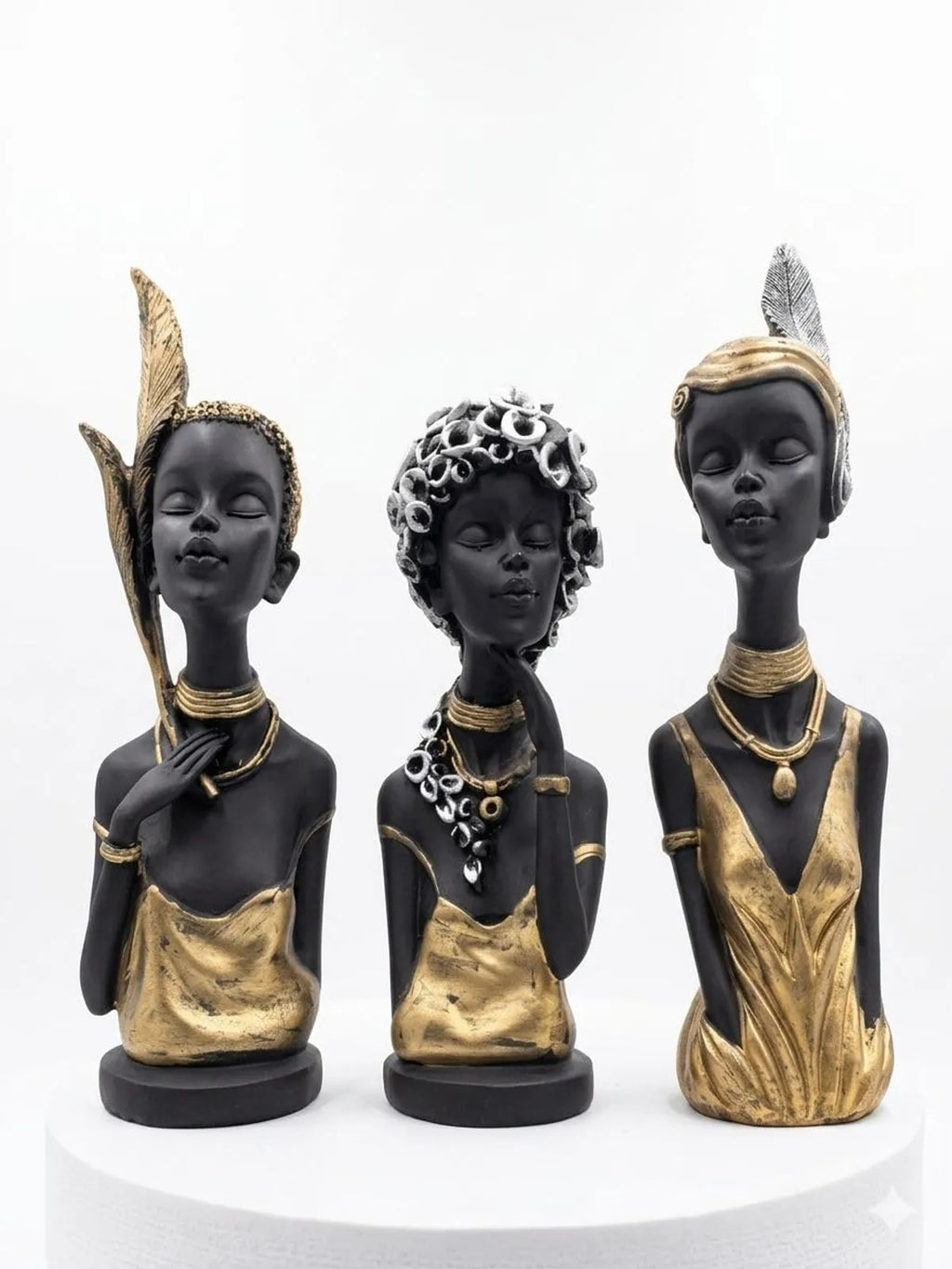 Resin African Inspired Female Bust Black Gold Ornate Headdress Figurine Set Of 3