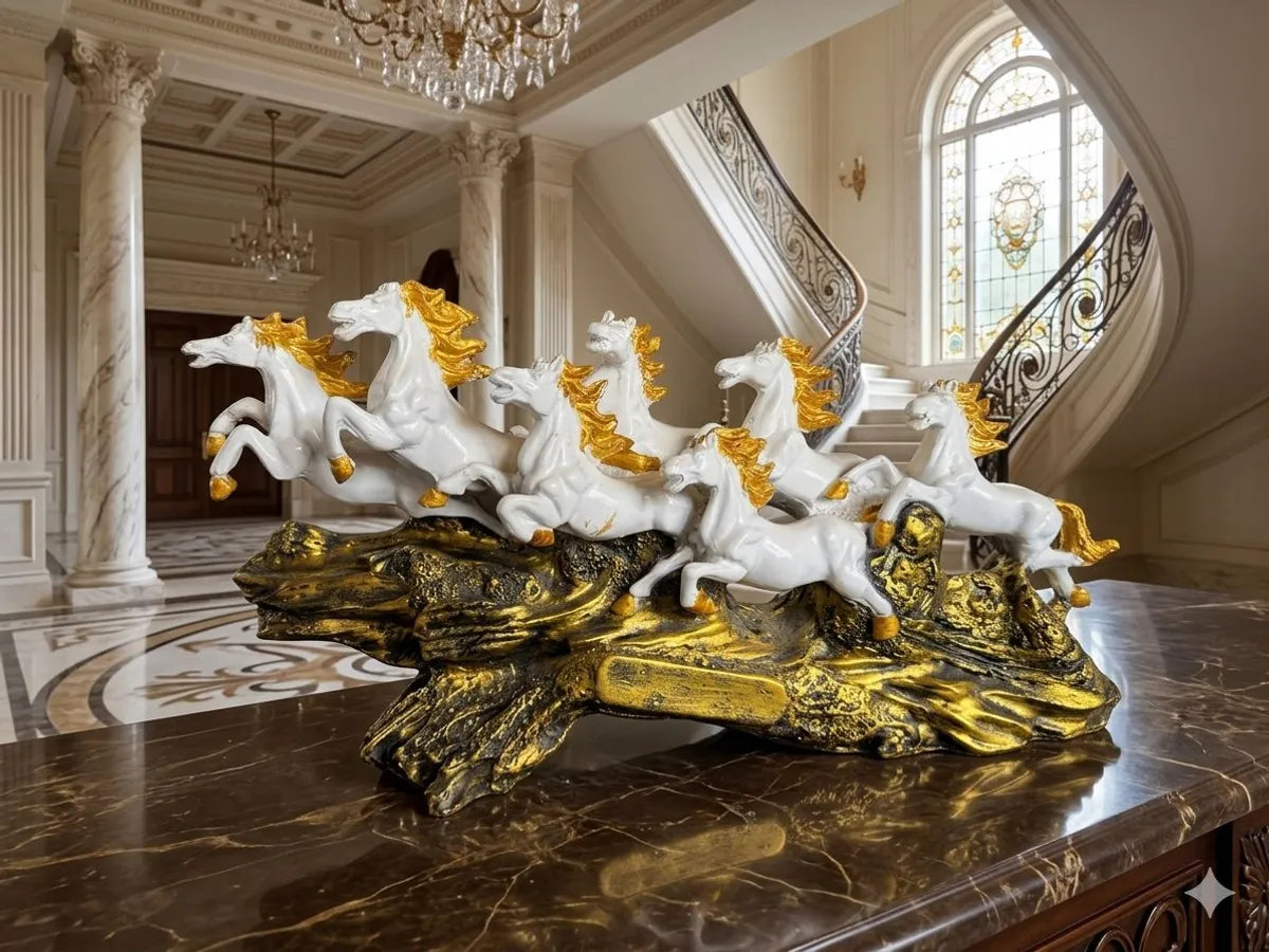 Resin Regal Galloping White Horse Golden Accent Decorative Sculpture Set
