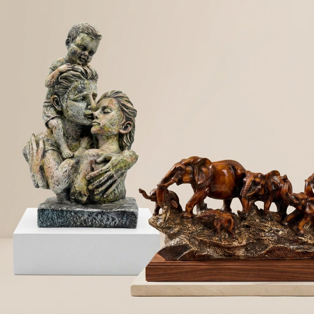 Rustic Handcrafted Family & Elephant Sculpture Duo Pack Of 2