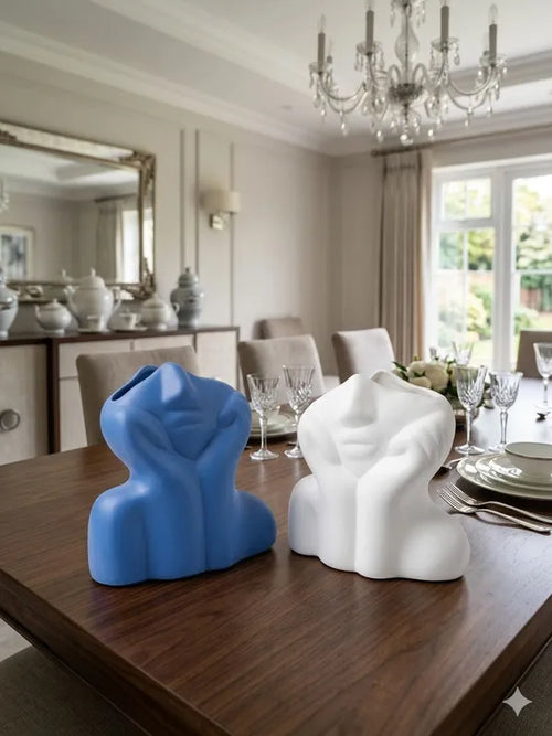Ceramic Contemporary Blue White Abstract Decorative Sculpture Set Of 2