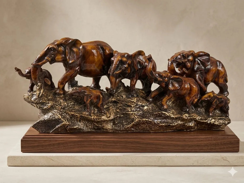 Wood Handcrafted Elephant Family Decorative Sculpture
