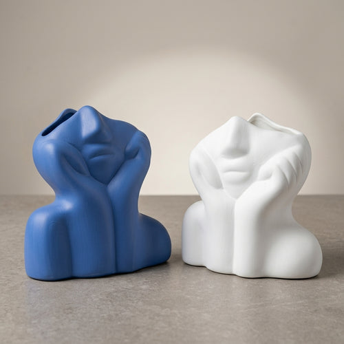 Ceramic Contemporary Blue White Abstract Decorative Sculpture Set Of 2