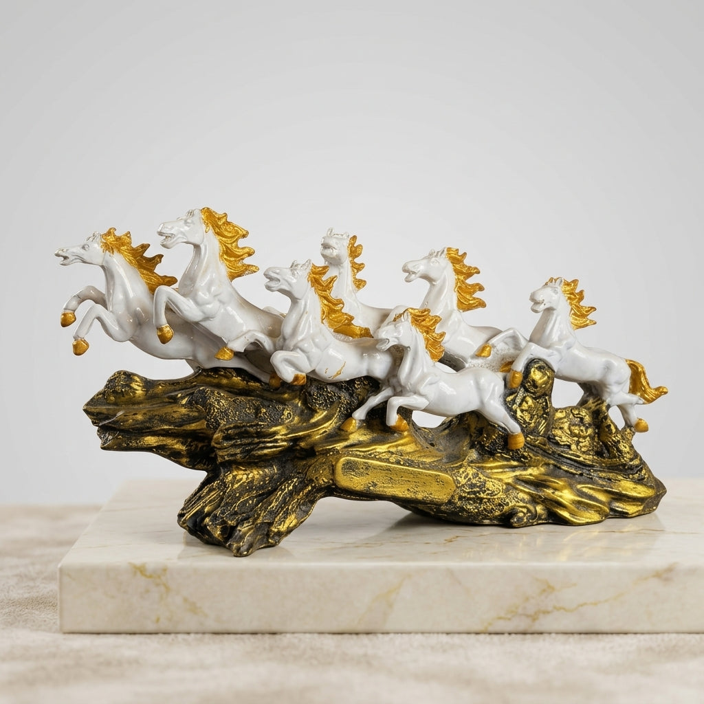 Resin Regal Galloping White Horse Golden Accent Decorative Sculpture Set