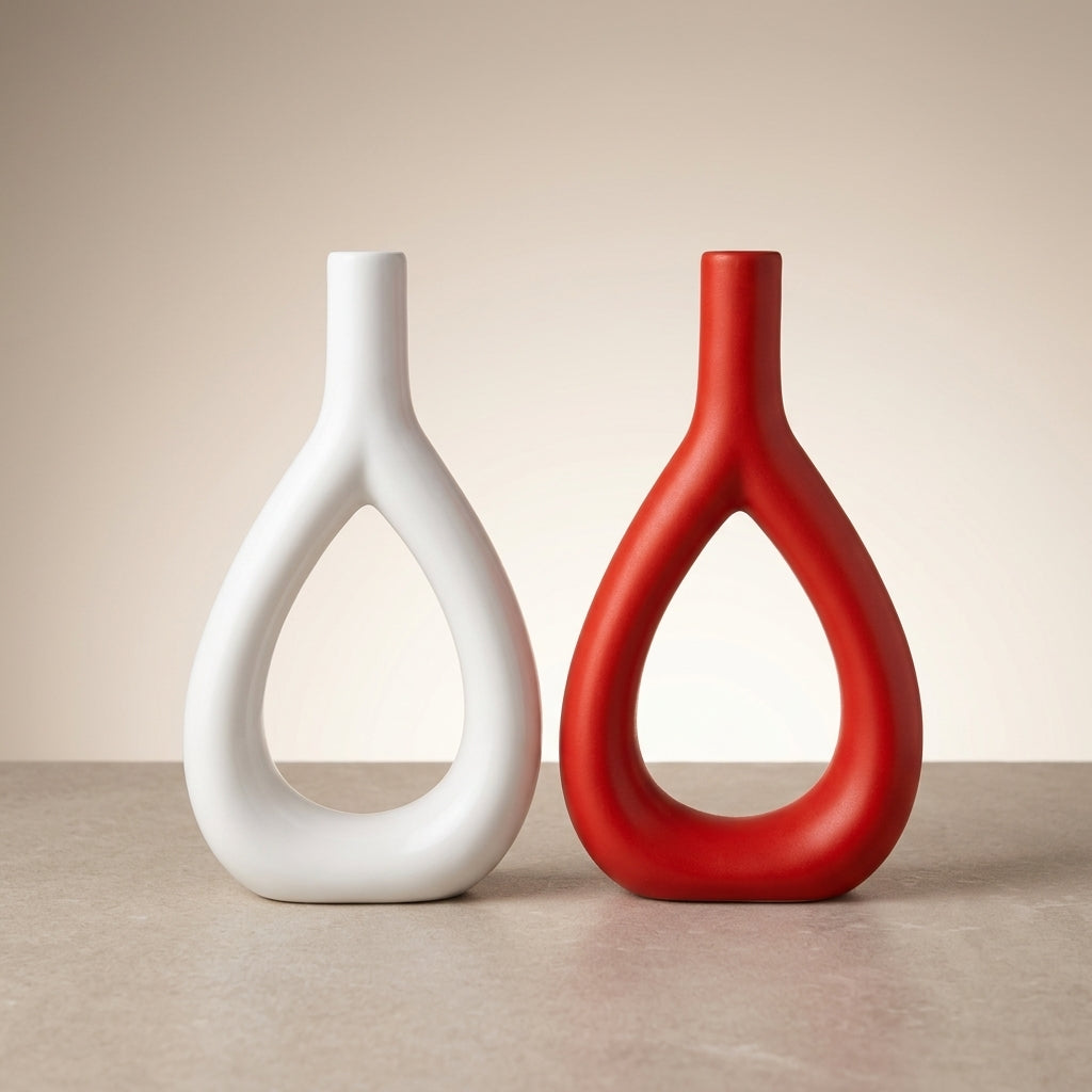 Ceramic Modern Wishbone White Red Decorative Vase Set Of 2