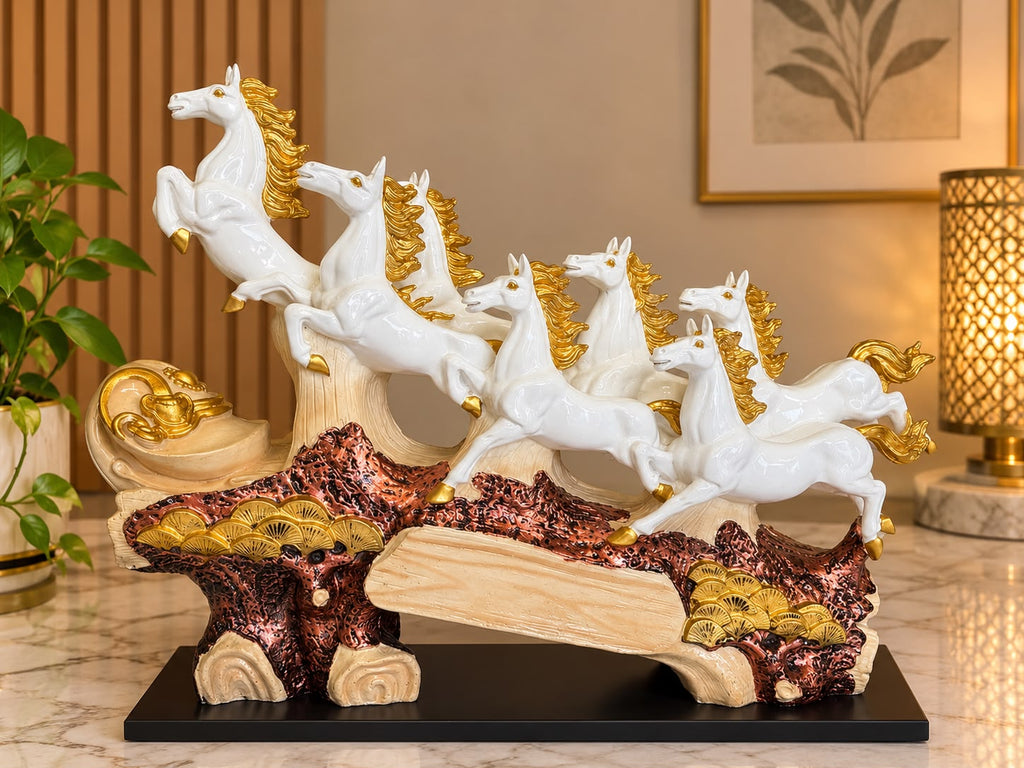 7 Running Horses Vastu Statue - 40-Inch White & Gold Galloping Horse Figurine for Home Decor, Living Room, Office Desk & Good Luck