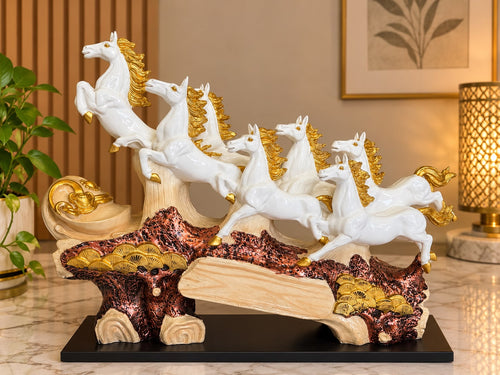 7 Running Horses Vastu Statue - 40-Inch White & Gold Galloping Horse Figurine for Home Decor, Living Room, Office Desk & Good Luck