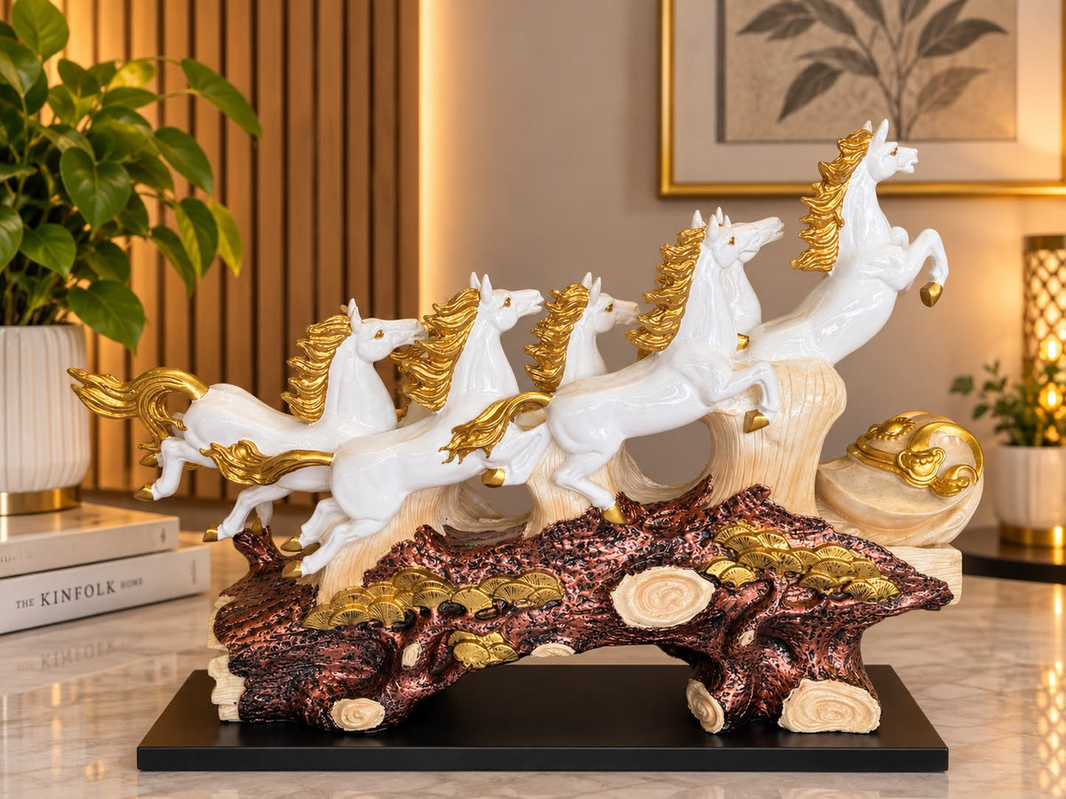 7 Running Horses Vastu Statue - 40-Inch White & Gold Galloping Horse Figurine for Home Decor, Living Room, Office Desk & Good Luck