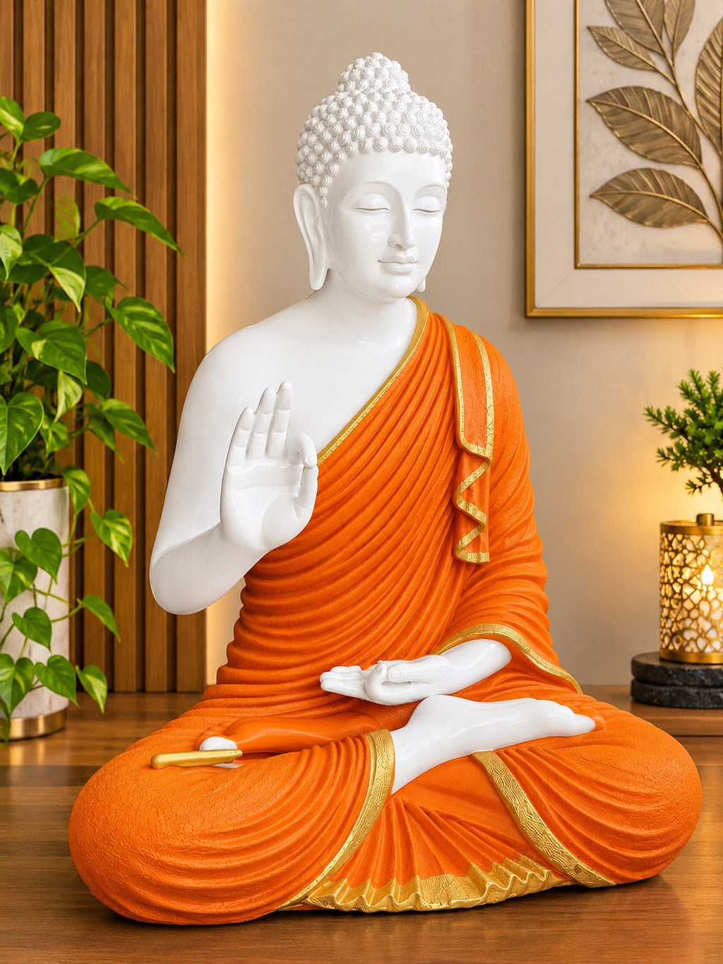 Premium White & Orange Buddha Statue for Home Decor | 2 Feet Tall Meditating Buddha Idol