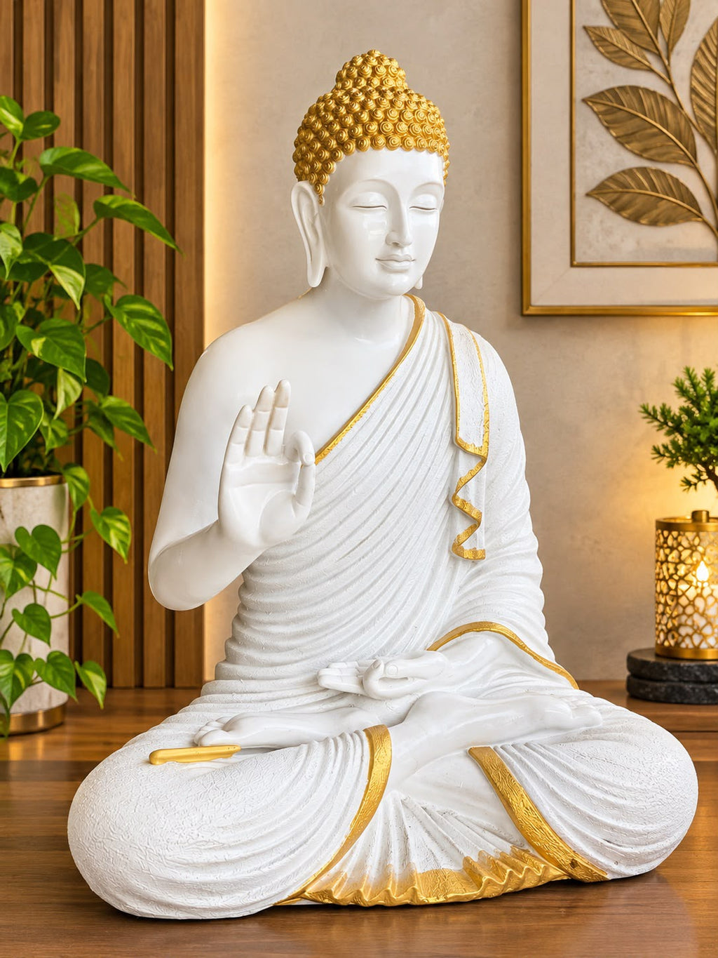 Premium White & Orange Buddha Statue for Home Decor | 2 Feet Tall Meditating Buddha Idol