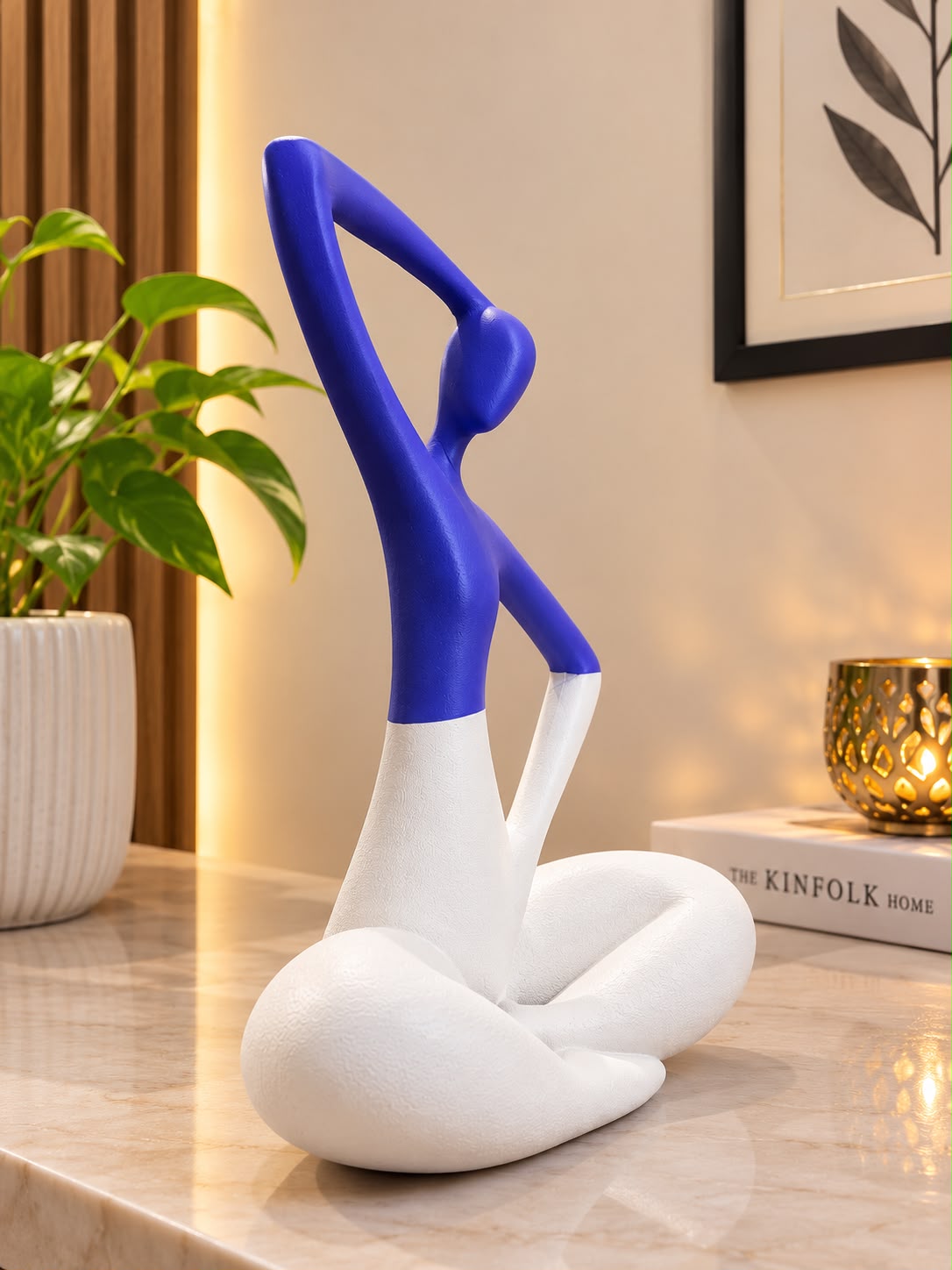 Elegant Abstract Yoga Pose Statue (Blue & White, 12 Inch) - Modern Minimalist Figurine for Home Decor, Living Room, Bookshelf, and Office Desk