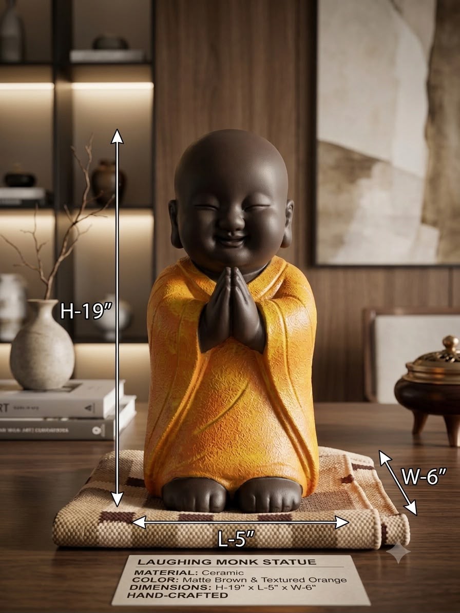 Handcrafted Polyresin & Marble Dust Praying Baby Monk Statue (19 Inches, Orange & Brown) – Little Buddha Idol Decorative Showpiece for Home, Living Room, Tabletop & Gifting