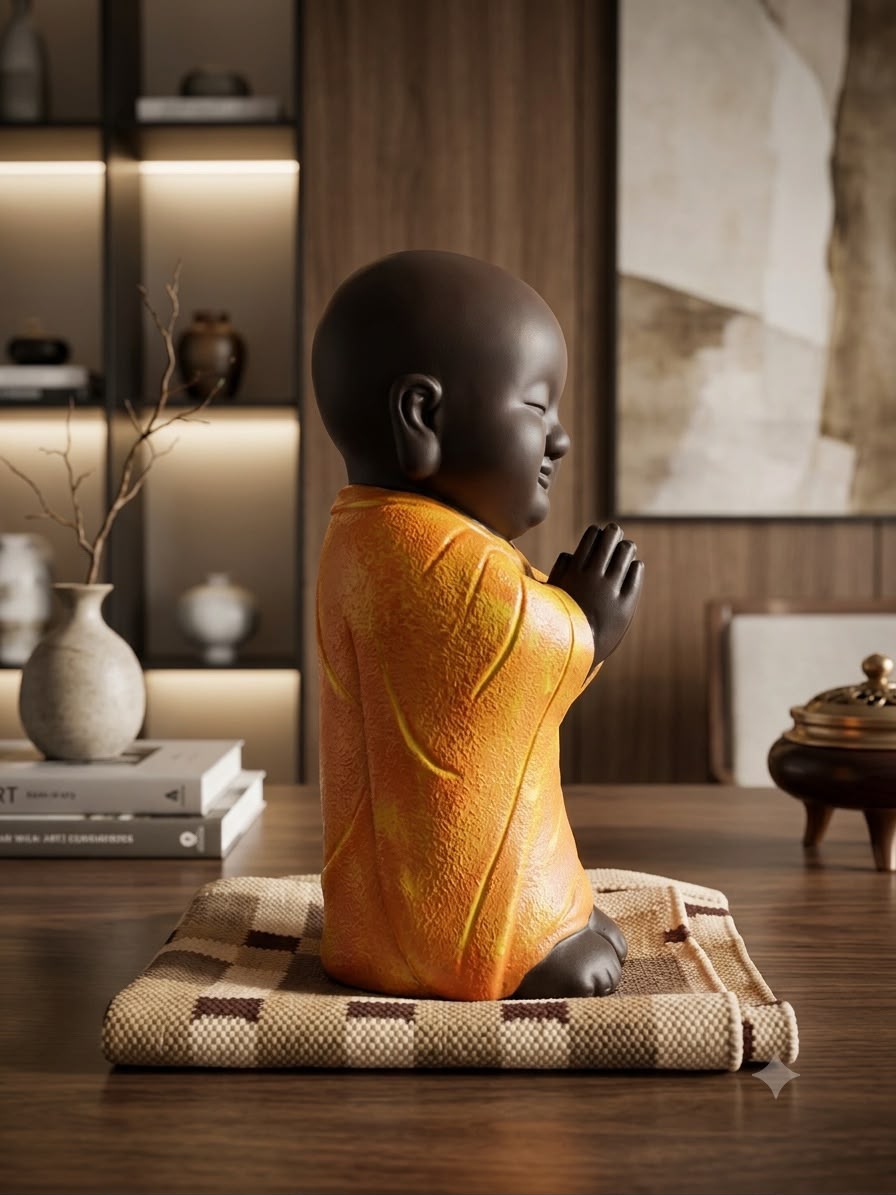 Handcrafted Polyresin & Marble Dust Praying Baby Monk Statue (19 Inches, Orange & Brown) – Little Buddha Idol Decorative Showpiece for Home, Living Room, Tabletop & Gifting