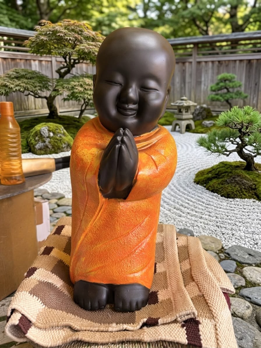 Handcrafted Polyresin & Marble Dust Praying Baby Monk Statue (19 Inches, Orange & Brown) – Little Buddha Idol Decorative Showpiece for Home, Living Room, Tabletop & Gifting