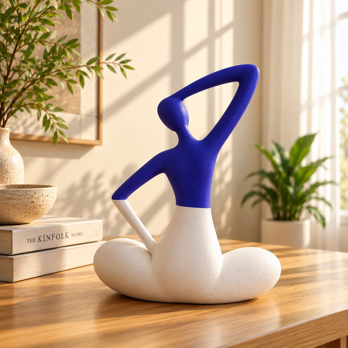 Elegant Abstract Yoga Pose Statue (Blue & White, 12 Inch) - Modern Minimalist Figurine for Home Decor, Living Room, Bookshelf, and Office Desk