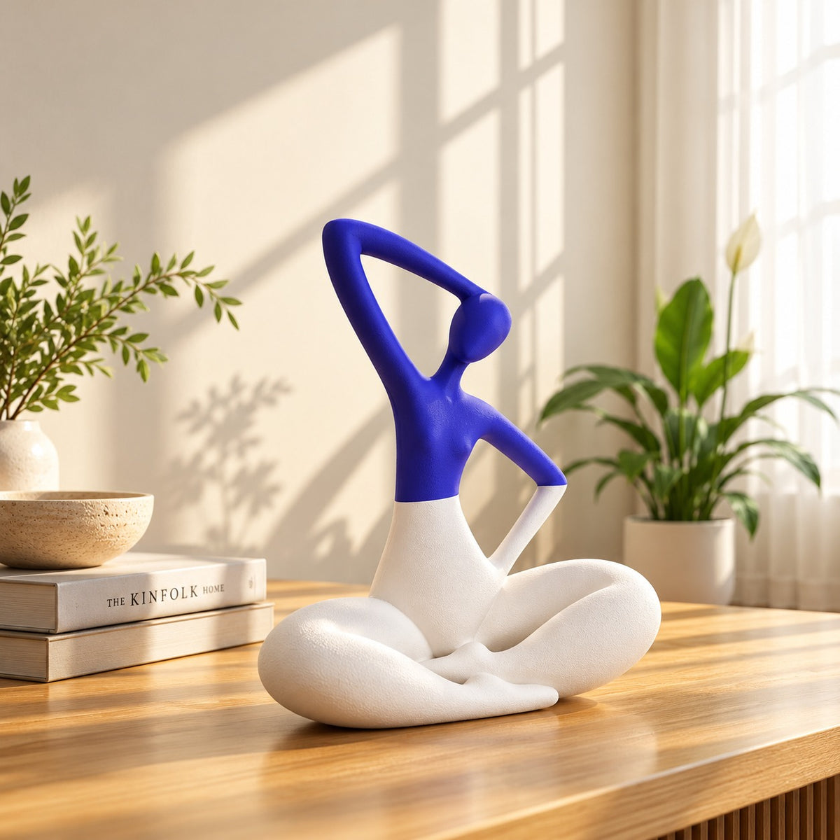 Elegant Abstract Yoga Pose Statue (Blue & White, 12 Inch) - Modern Minimalist Figurine for Home Decor, Living Room, Bookshelf, and Office Desk