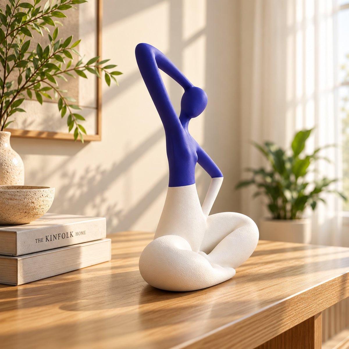 Elegant Abstract Yoga Pose Statue (Blue & White, 12 Inch) - Modern Minimalist Figurine for Home Decor, Living Room, Bookshelf, and Office Desk