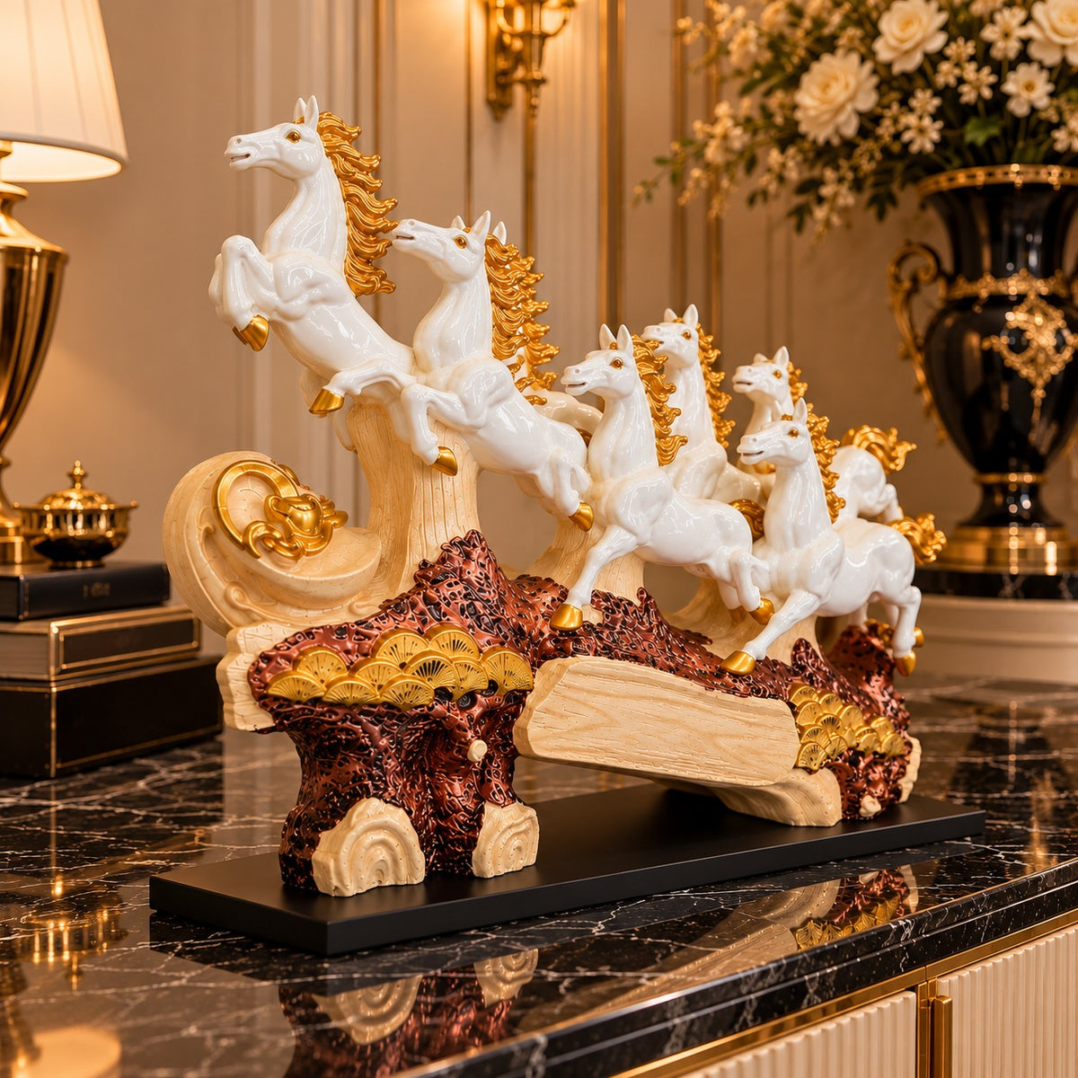 7 Running Horses Vastu Statue - 40-Inch White & Gold Galloping Horse Figurine for Home Decor, Living Room, Office Desk & Good Luck