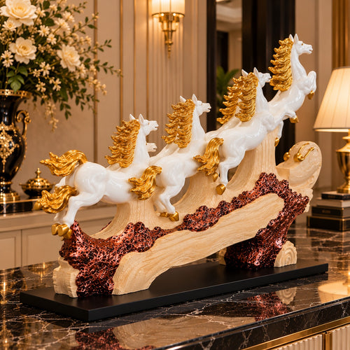 7 Running Horses Vastu Statue - 40-Inch White & Gold Galloping Horse Figurine for Home Decor, Living Room, Office Desk & Good Luck