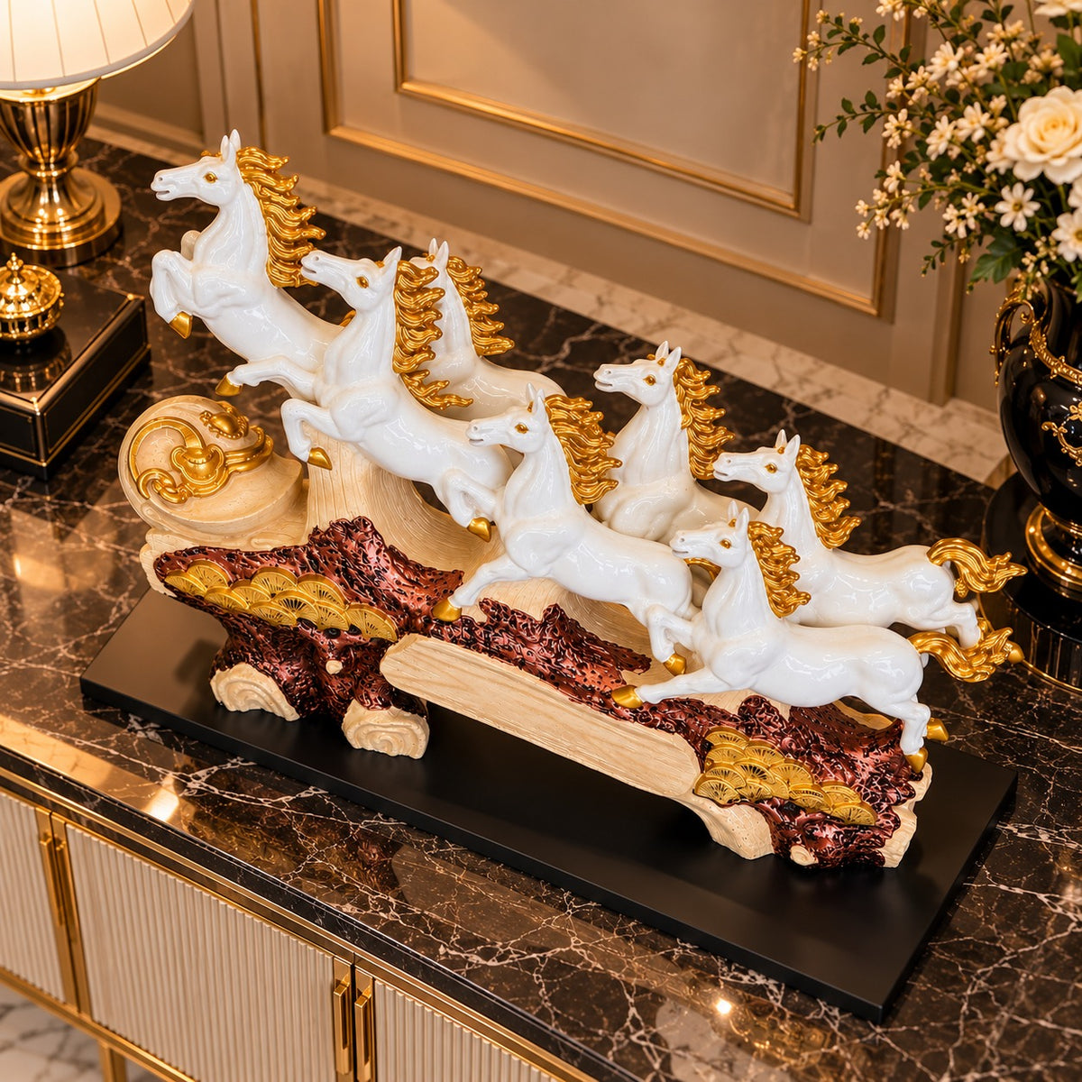 7 Running Horses Vastu Statue - 40-Inch White & Gold Galloping Horse Figurine for Home Decor, Living Room, Office Desk & Good Luck