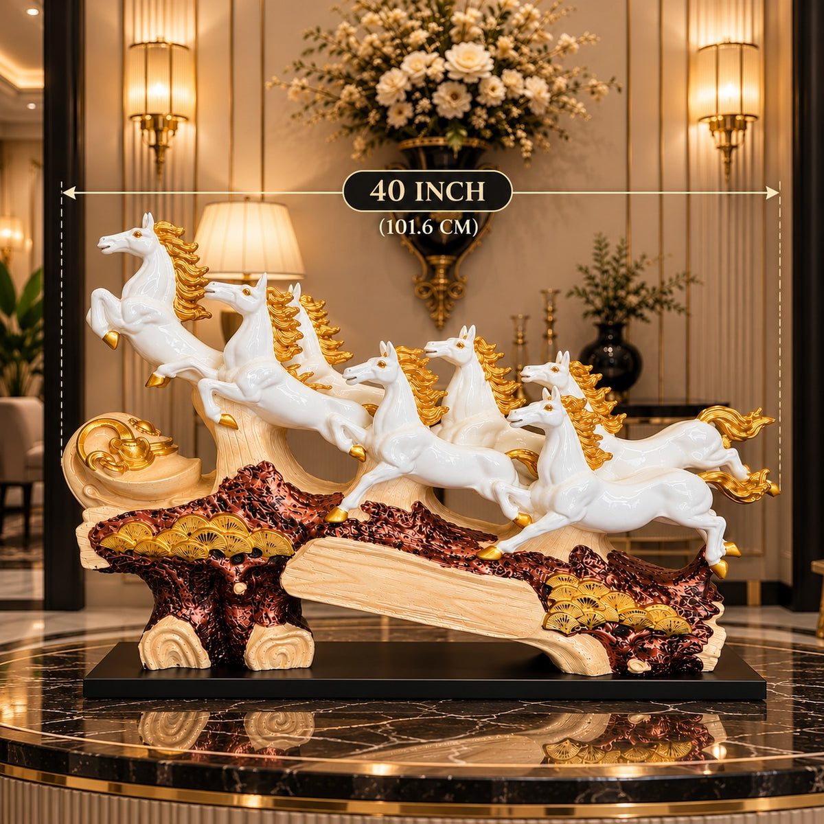 7 Running Horses Vastu Statue - 40-Inch White & Gold Galloping Horse Figurine for Home Decor, Living Room, Office Desk & Good Luck