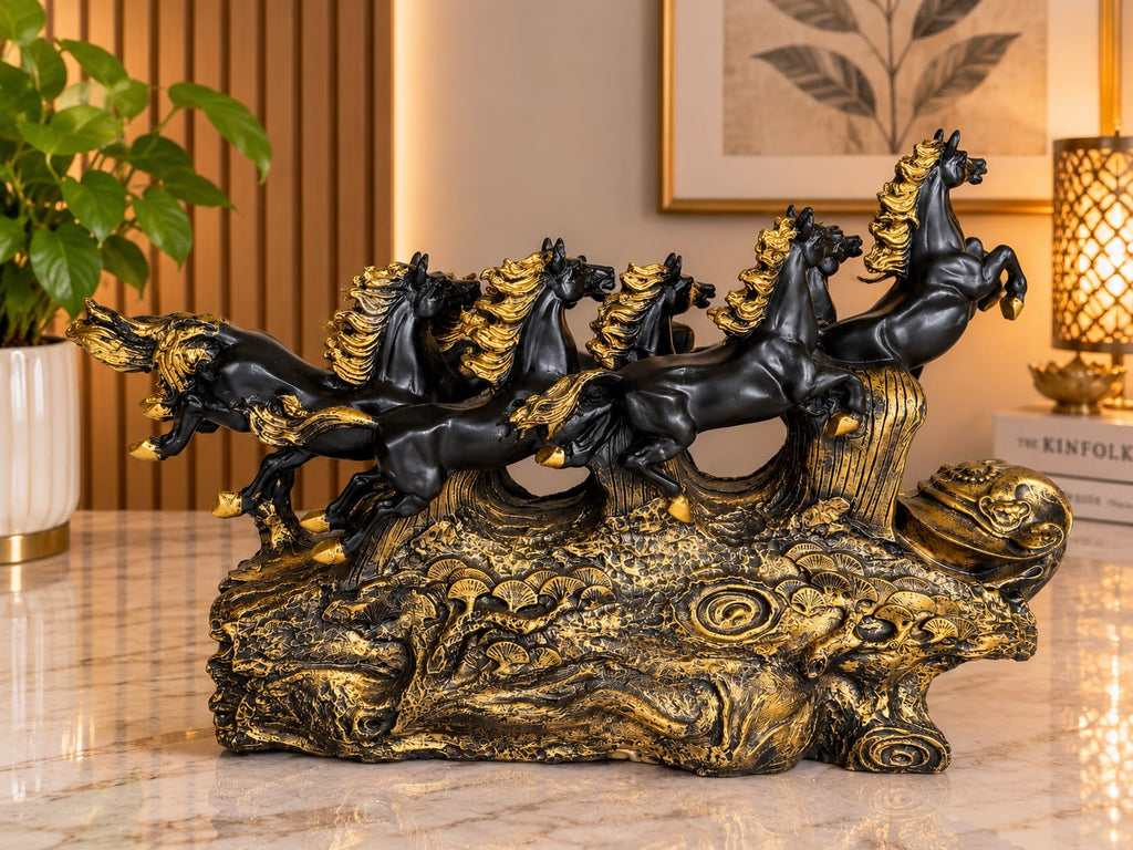 7 Running Horses Vastu Statue - 40-Inch White & Gold Galloping Horse Figurine for Home Decor, Living Room, Office Desk & Good Luck