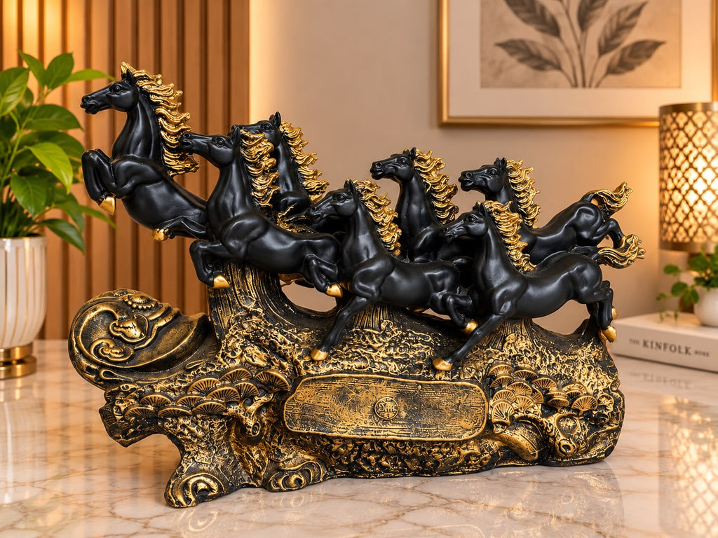 7 Running Horses Vastu Statue - 40-Inch White & Gold Galloping Horse Figurine for Home Decor, Living Room, Office Desk & Good Luck