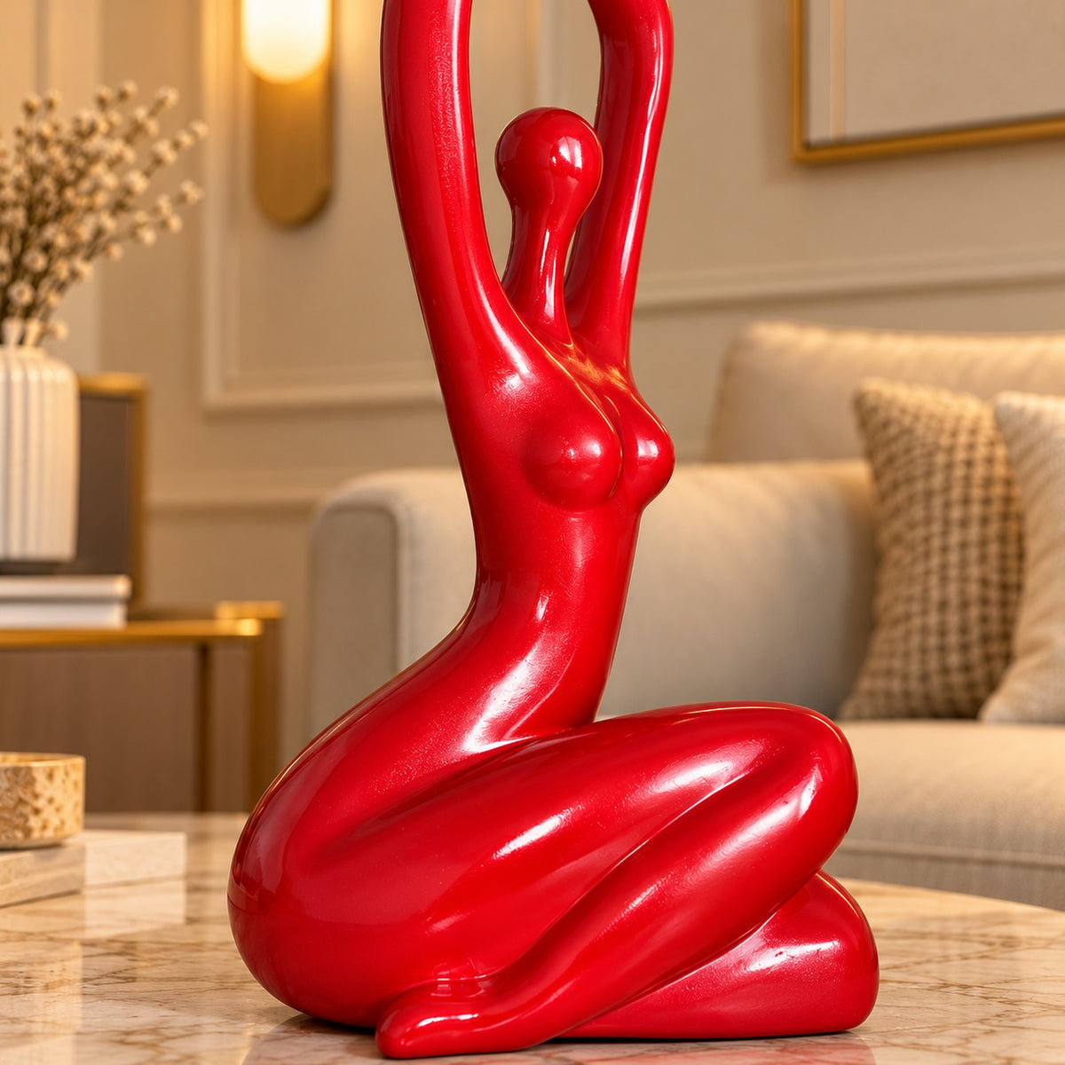Handcrafted Glossy Red Abstract Female Figurine - 18-Inch Decorative Statue for Home Decor, Living Room, and Office Tabletop