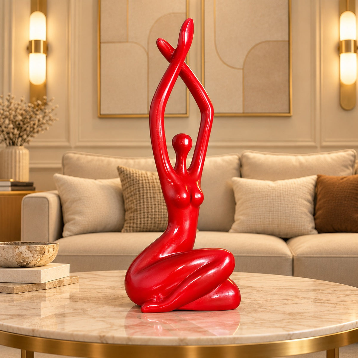 Handcrafted Glossy Red Abstract Female Figurine - 18-Inch Decorative Statue for Home Decor, Living Room, and Office Tabletop