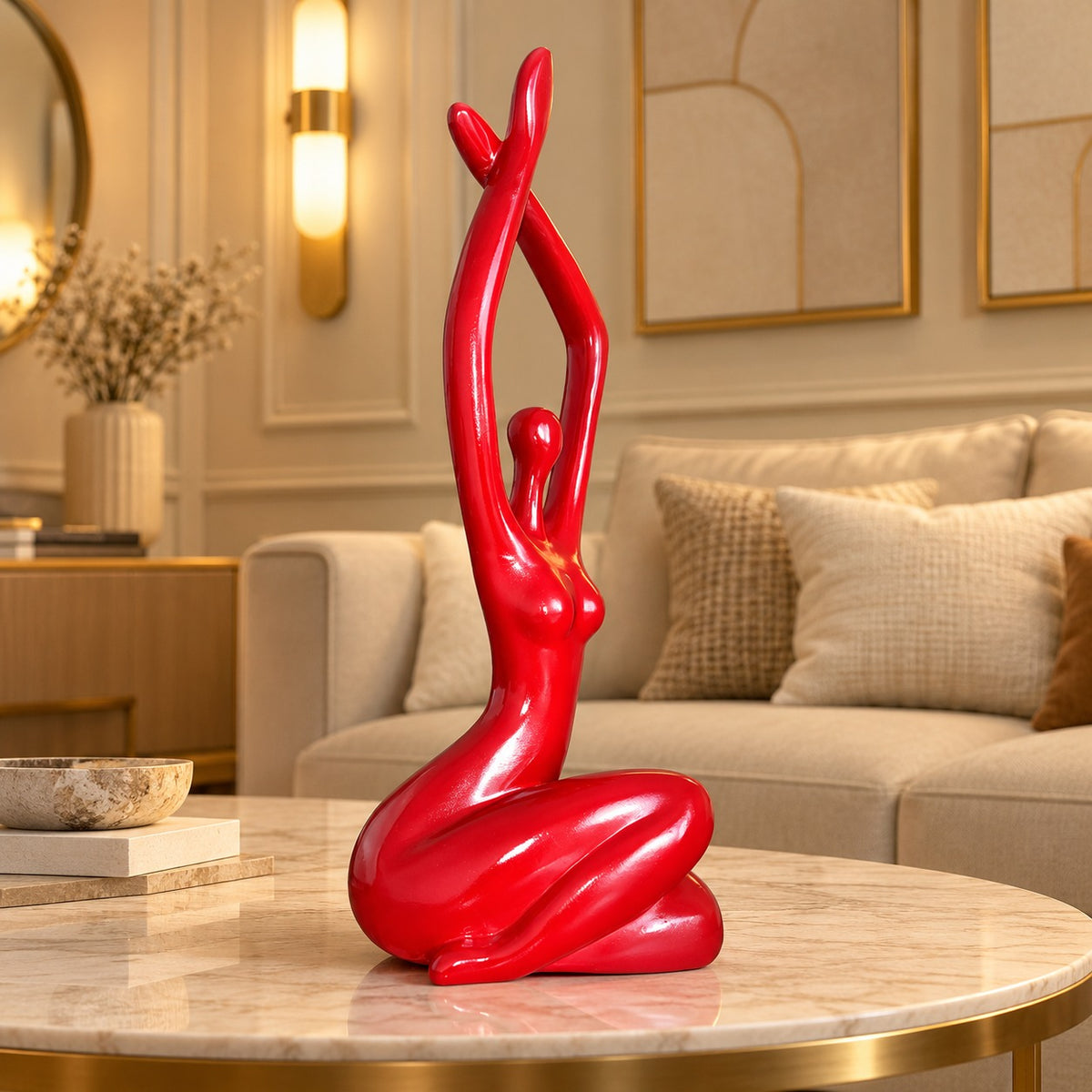 Handcrafted Glossy Red Abstract Female Figurine - 18-Inch Decorative Statue for Home Decor, Living Room, and Office Tabletop