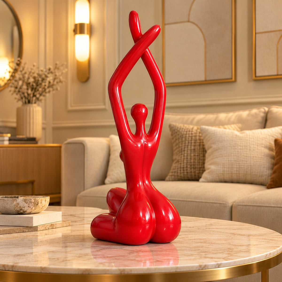 Handcrafted Glossy Red Abstract Female Figurine - 18-Inch Decorative Statue for Home Decor, Living Room, and Office Tabletop
