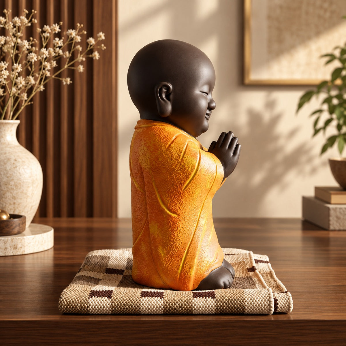 Handcrafted Polyresin & Marble Dust Praying Baby Monk Statue (19 Inches, Orange & Brown) – Little Buddha Idol Decorative Showpiece for Home, Living Room, Tabletop & Gifting