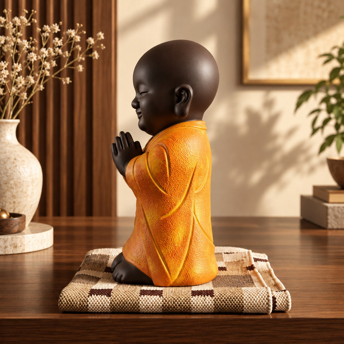 Handcrafted Polyresin & Marble Dust Praying Baby Monk Statue (19 Inches, Orange & Brown) – Little Buddha Idol Decorative Showpiece for Home, Living Room, Tabletop & Gifting