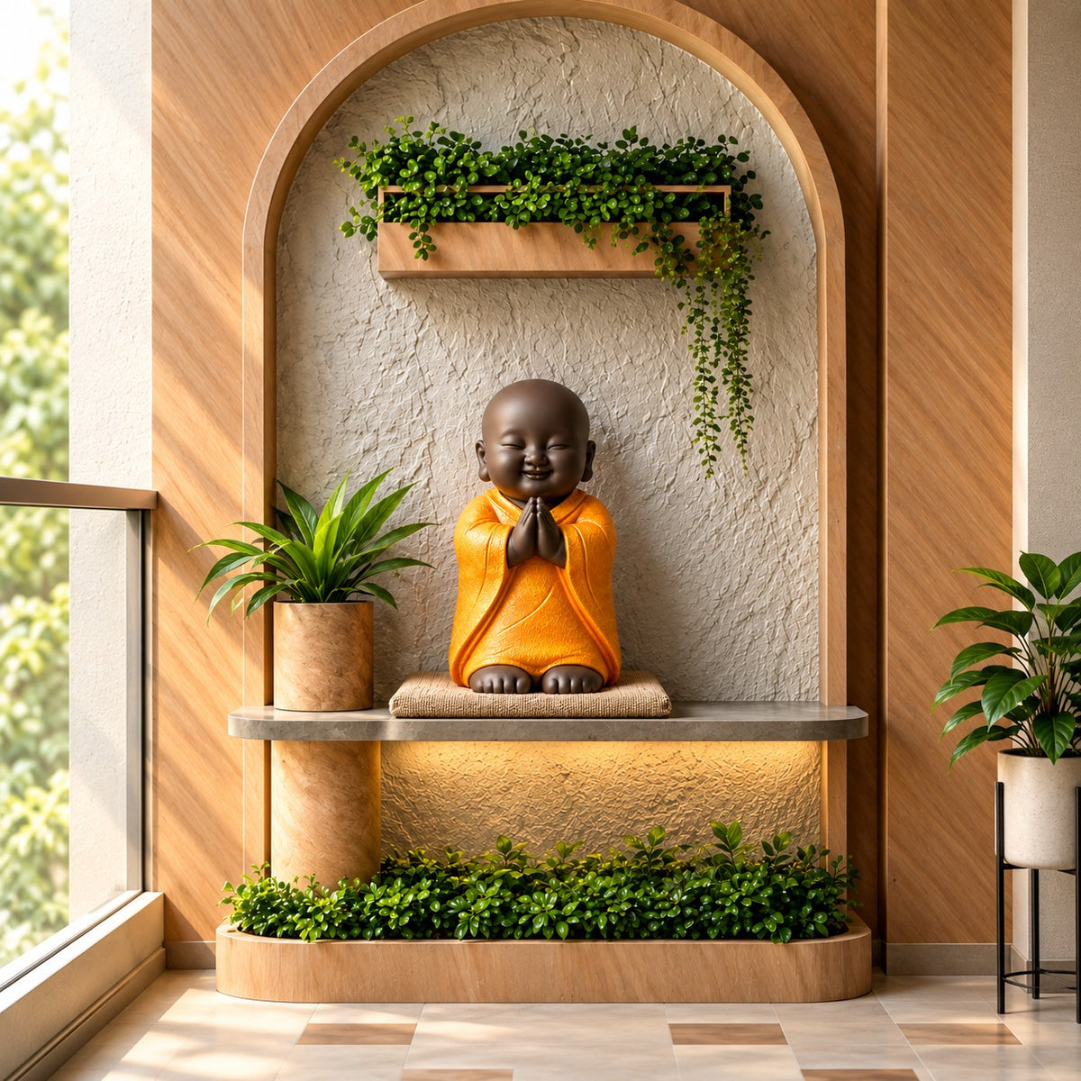 Handcrafted Polyresin & Marble Dust Praying Baby Monk Statue (19 Inches, Orange & Brown) – Little Buddha Idol Decorative Showpiece for Home, Living Room, Tabletop & Gifting
