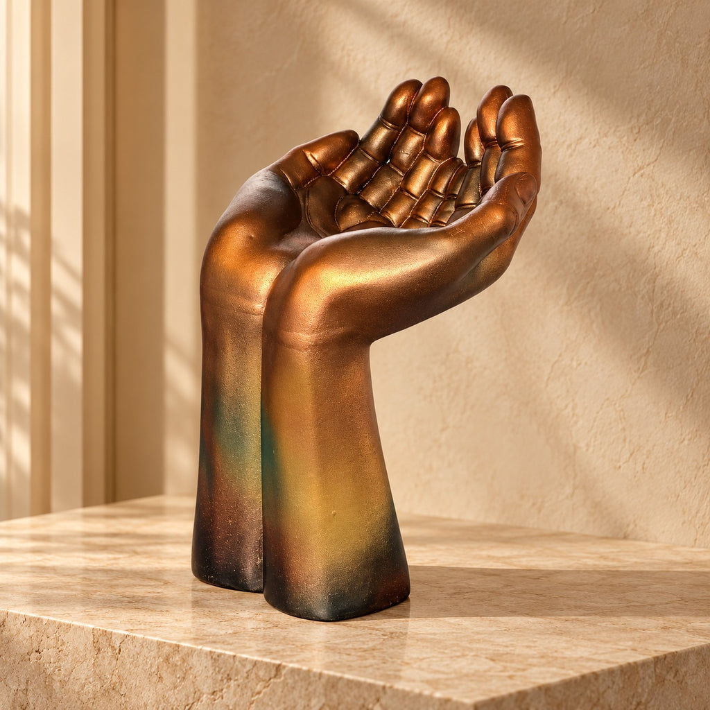 Metallic Dual-Tone Cupped Hands Decorative Figurine - 15-Inch Open Palms Sculpture for Home Decor, Living Room, and Office Tabletop