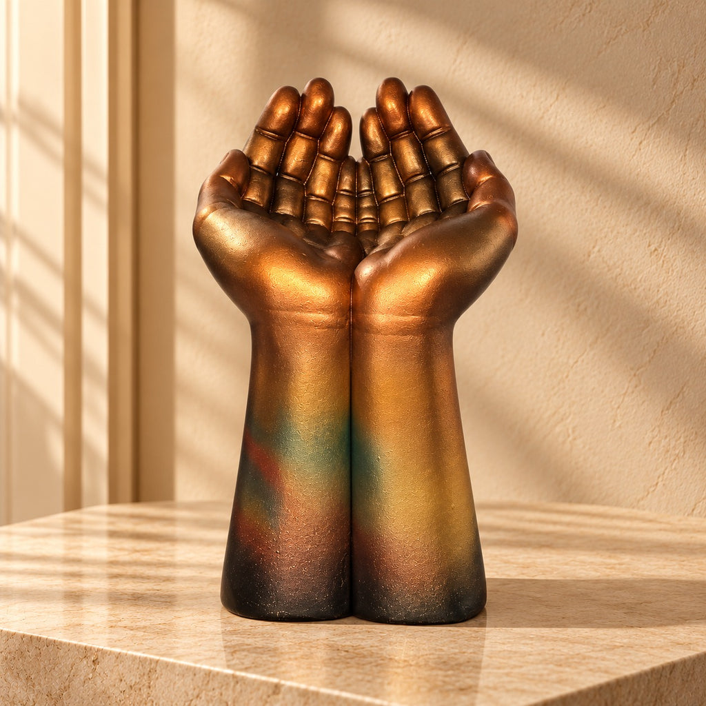 Metallic Dual-Tone Cupped Hands Decorative Figurine - 15-Inch Open Palms Sculpture for Home Decor, Living Room, and Office Tabletop