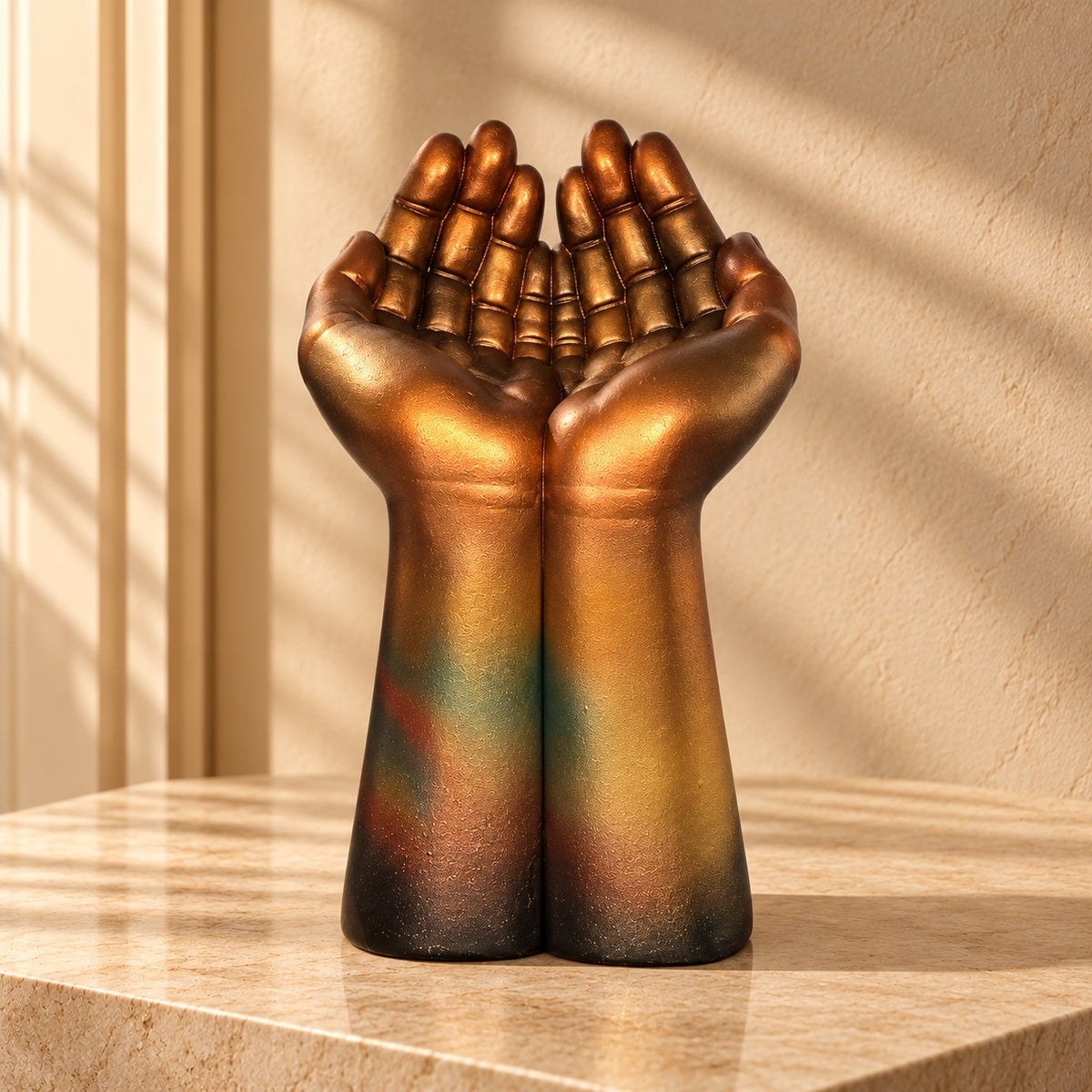 Metallic Dual-Tone Cupped Hands Decorative Figurine - 15-Inch Open Palms Sculpture for Home Decor, Living Room, and Office Tabletop