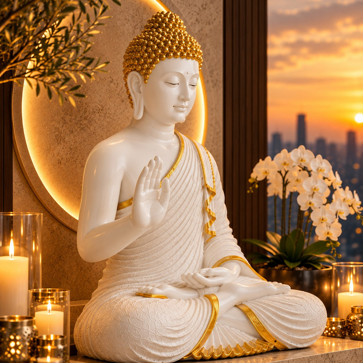 Premium White & Orange Buddha Statue for Home Decor | 2 Feet Tall Meditating Buddha Idol