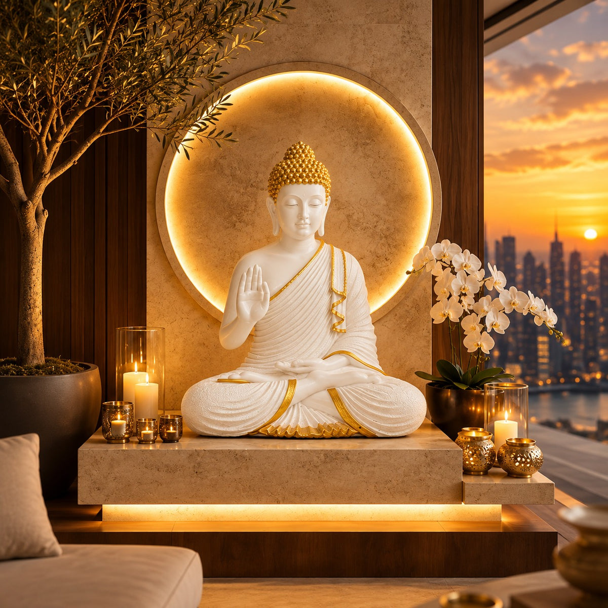 Premium White & Orange Buddha Statue for Home Decor | 2 Feet Tall Meditating Buddha Idol