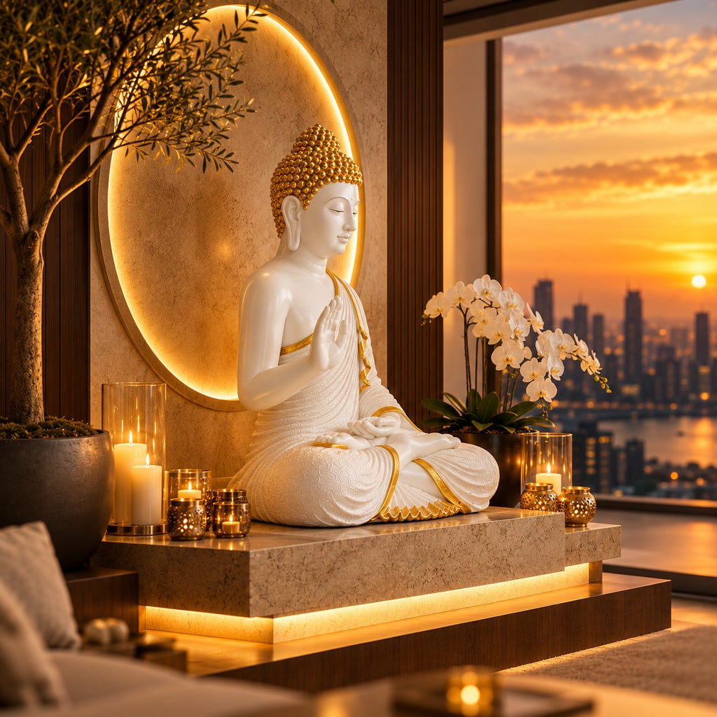 Premium White & Orange Buddha Statue for Home Decor | 2 Feet Tall Meditating Buddha Idol