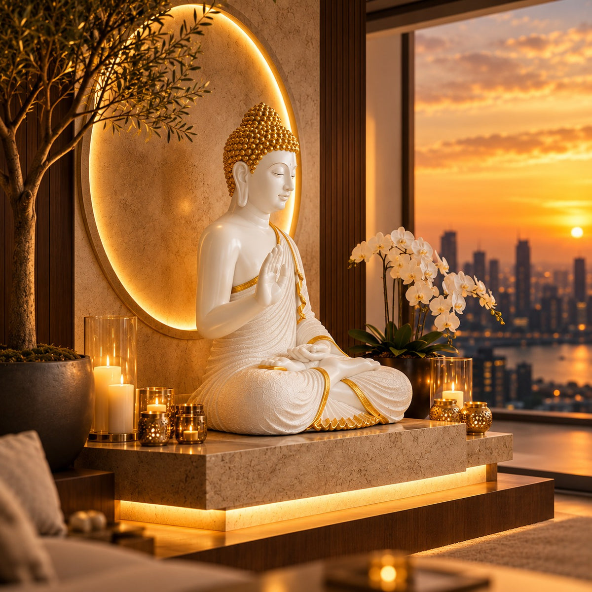 Premium White & Orange Buddha Statue for Home Decor | 2 Feet Tall Meditating Buddha Idol