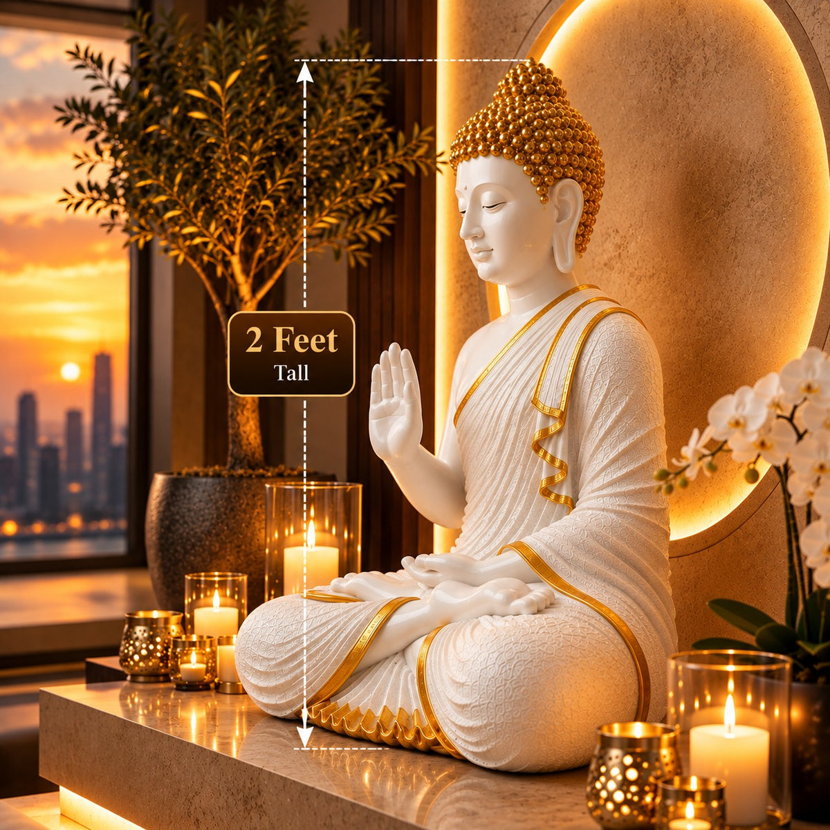 Premium White & Orange Buddha Statue for Home Decor | 2 Feet Tall Meditating Buddha Idol
