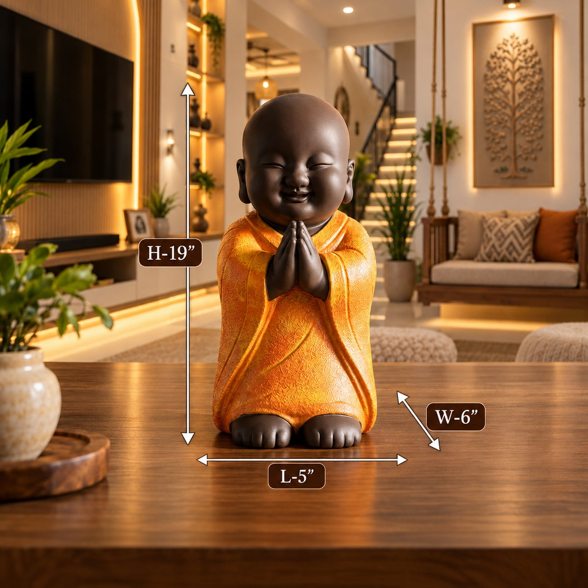 Handcrafted Polyresin & Marble Dust Praying Baby Monk Statue (19 Inches, Orange & Brown) – Little Buddha Idol Decorative Showpiece for Home, Living Room, Tabletop & Gifting
